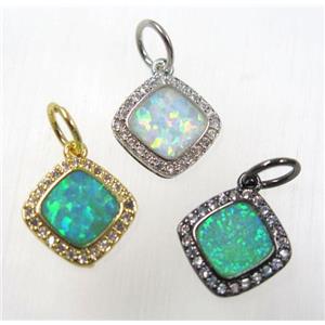 synthetic Fire Opal pendant paved zircon, copper, square, mix color, approx 10mm [GMPDA8342]