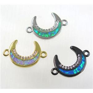 synthetic Fire Opal connector paved zircon, crescent moon, copper, mix color, approx 11-13mm [GMPDA8345]