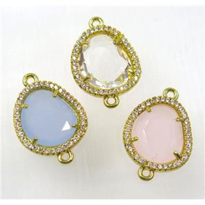 crystal glass connector paved zircon, copper, gold plated, mix color, approx 16-18mm [GMPDA8351]