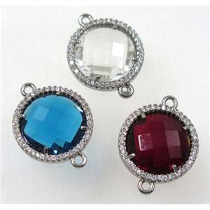 crystal glass connector paved zircon, flat round, platinum plated, copper, mix color, approx 18mm dia [GMPDA8353]