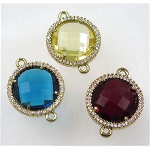 crystal glass connector paved zircon, flat round, gold plated, copper, mix color, approx 18mm dia [GMPDA8354]