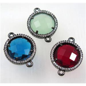 crystal glass connector paved zircon, flat round, black plated, copper, mix color, approx 18mm dia [GMPDA8355]