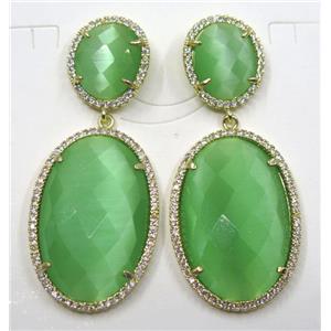 green cat eye stone earring pave zircon, gold plated, approx 12x14mm, 20x30mm [GMPDA8366]