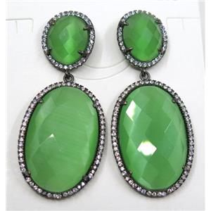 green cat eye stone earring pave zircon, black plated, approx 12x14mm, 20x30mm [GMPDA8368]