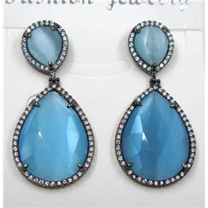 blue cat eye stone earring pave zircon, teardrop, approx 10x12mm, 18x25mm [GMPDA8378]