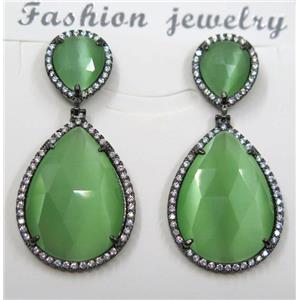 green cat eye stone earring pave zircon, teardrop, approx 10x12mm, 18x25mm [GMPDA8379]