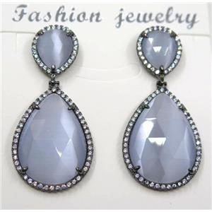 grayblue cat eye stone earring pave zircon, teardrop, approx 10x12mm, 18x25mm [GMPDA8380]