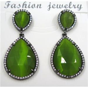 green cat eye stone earring pave zircon, teardrop, approx 10x12mm, 18x25mm [GMPDA8382]