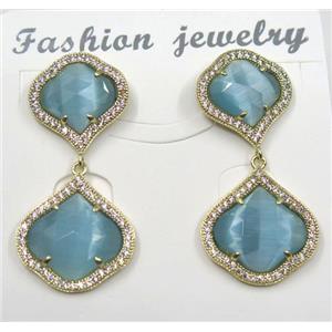 aqua cat eye stone earring pave zircon, clover, approx 13x13mm, 16x16mm [GMPDA8388]