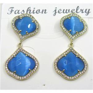 blue cat eye stone earring pave zircon, clover, approx 13x13mm, 16x16mm [GMPDA8389]