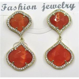 red cat eye stone earring pave zircon, clover, approx 13x13mm, 16x16mm [GMPDA8390]