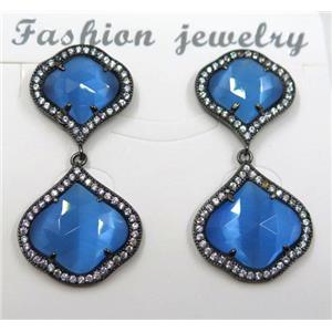 blue cat eye stone earring pave zircon, clover, approx 13x13mm, 16x16mm [GMPDA8393]