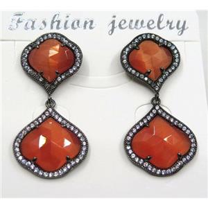 red cat eye stone earring pave zircon, clover, approx 13x13mm, 16x16mm [GMPDA8394]