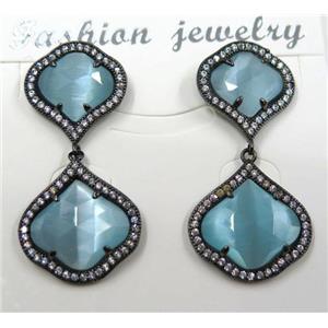 aqua cat eye stone earring pave zircon, clover, approx 13x13mm, 16x16mm [GMPDA8395]
