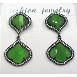 green cat eye stone earring pave zircon, clover, approx 13x13mm, 16x16mm [GMPDA8396]