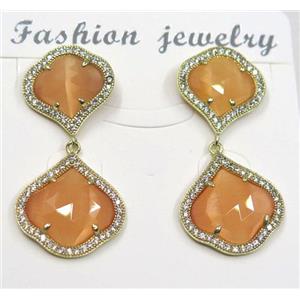 orange cat eye stone earring pave zircon, clover, approx 13x13mm, 16x16mm [GMPDA8397]