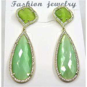 spring green cat eye stone earring pave zircon, droplet, approx 13x13mm, 14x38mm [GMPDA8400]