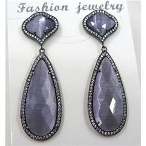 purple cat eye stone earring pave zircon, droplet, approx 13x13mm, 14x38mm [GMPDA8401]