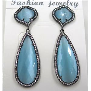 aqua cat eye stone earring pave zircon, droplet, approx 13x13mm, 14x38mm [GMPDA8402]