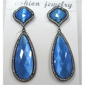 royal blue cat eye stone earring pave zircon, droplet, approx 13x13mm, 14x38mm [GMPDA8403]