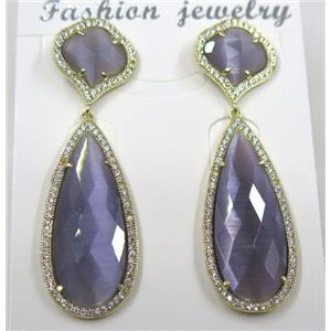 purple cat eye stone earring pave zircon, droplet, approx 13x13mm, 14x38mm [GMPDA8404]