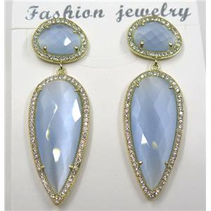 lt.blue cat eye stone earring pave zircon, droplet, approx 11x15mm, 14x38mm [GMPDA8405]