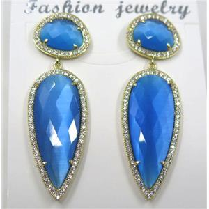 skyblue cat eye stone earring pave zircon, droplet, approx 11x15mm, 14x38mm [GMPDA8406]