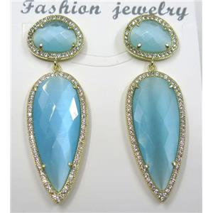aqua cat eye stone earring pave zircon, droplet, approx 11x15mm, 14x38mm [GMPDA8407]