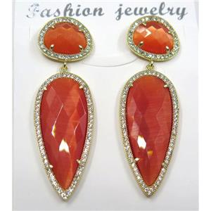 red cat eye stone earring pave zircon, droplet, approx 11x15mm, 14x38mm [GMPDA8408]