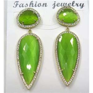 olive cat eye stone earring pave zircon, droplet, approx 11x15mm, 14x38mm [GMPDA8409]