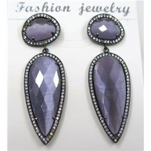 purple cat eye stone earring pave zircon, droplet, approx 11x15mm, 14x38mm [GMPDA8410]