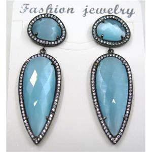aqua cat eye stone earring pave zircon, droplet, approx 11x15mm, 14x38mm [GMPDA8411]