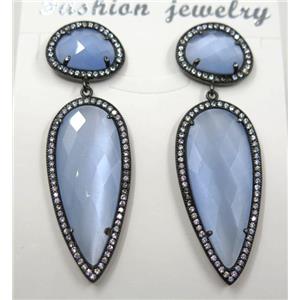 lt.blue cat eye stone earring pave zircon, droplet, approx 11x15mm, 14x38mm [GMPDA8412]