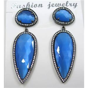 royal blue cat eye stone earring pave zircon, droplet, approx 11x15mm, 14x38mm [GMPDA8413]