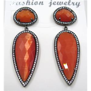 red cat eye stone earring pave zircon, droplet, approx 11x15mm, 14x38mm [GMPDA8414]