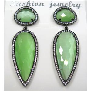 green cat eye stone earring pave zircon, droplet, approx 11x15mm, 14x38mm [GMPDA8415]