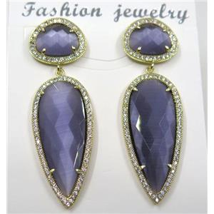 purple cat eye stone earring pave zircon, droplet, approx 11x15mm, 14x38mm [GMPDA8416]