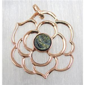 green druzy quartz pendant, copper flower, rose gold plated, approx 40mm dia, 6mm [GMPDA8538]