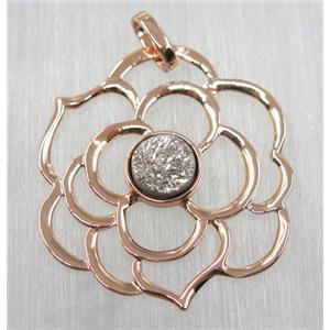 silver druzy quartz pendant, copper flower, rose gold plated, approx 40mm dia, 6mm [GMPDA8540]