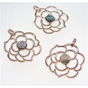 mix druzy quartz pendant, copper flower, rose gold plated, approx 40mm dia, 6mm [GMPDA8541]