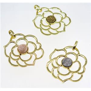 mix quartz druzy pendant, copper flower, gold plated, approx 40mm dia, 6mm [GMPDA8545]