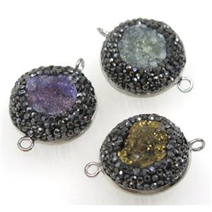 druzy Quartz connector paved rhinestone, flat-round, mix color, approx 22mm dia [GMPDA8555]