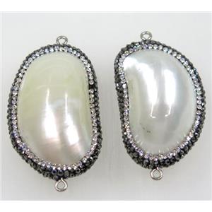 white shell pearl connector paved rhinestone, freeform, approx 30-50mm [GMPDA8556]