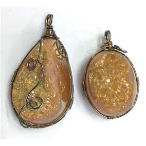 gold champagne druzy Quartz pendant, freeform, wire wrapped, approx 20-40mm [GMPDA8575]