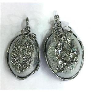 silver druzy Quartz pendant, freeform, wire wrapped, approx 20-40mm [GMPDA8577]
