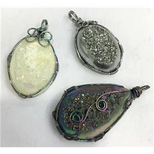 mix druzy Quartz pendant, freeform, wire wrapped, approx 20-40mm [GMPDA8581]