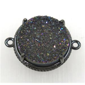 rainbow druzy agate connector, flat round, black plated, approx 20mm dia [GMPDA8616]