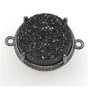 black druzy agate connector, flat round, black plated, approx 20mm dia [GMPDA8617]