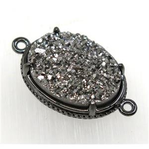 silver druzy agate connector, oval, black plated, approx 14x19mm [GMPDA8624]