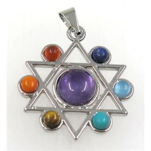 gemstone Chakra hexagram pendant, alloy, platinum plated, approx 32mm [GMPDA8707]